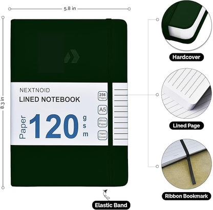 Nextnoid Hardcover Lined Journal Notebook - 120 GSM Thick Paper, Medium A5-256 Pages - Perfect For Writing, Journaling and Note-Taking (Green, Ruled)