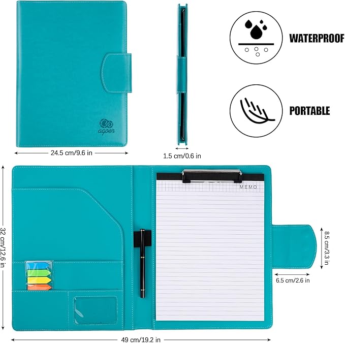 A4 Clipboard Folder Padfolio Clipboard,Faux Leather Interview Resume Folder with Magnetic Cover,Conference Document Organizer with Papers,Sticky Tabs,Pen,Work Folio for Women & Man,Pale Turquoise