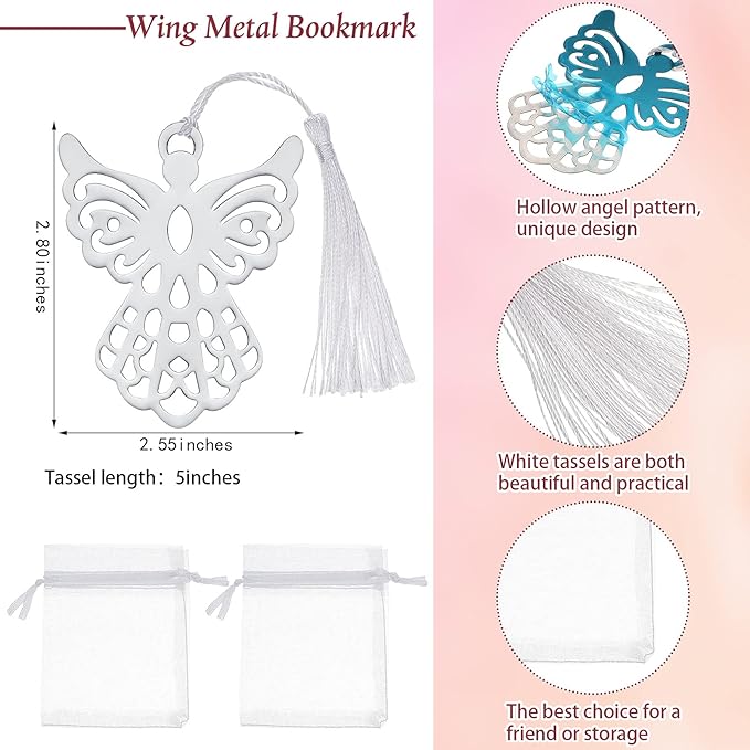 Chinco Metal Angel Bookmark Angel Charm Party Favors with Silky Tassels Angel Bookmark Bulk for Funeral Christmas Wedding Party Gift Book Lovers(80 Pieces)