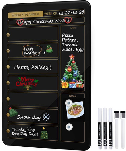 SELEAD Magnetic Glass Whiteboard Weekly Planner - 16”x24” Dry Erase Calendar White Board for Wall, Menu Notes Grocery List Board for Home Kitchen Restaurant - Black&Gold