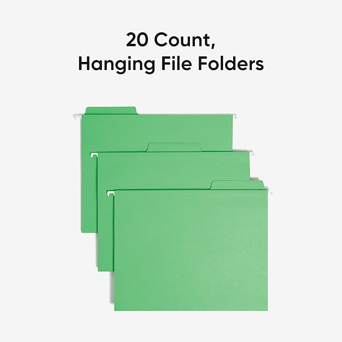Smead FasTab Hanging File Folder, 1/3-Cut Built-in Tab, Letter Size, Green, 20 per Box (64098) (Pack of 1)