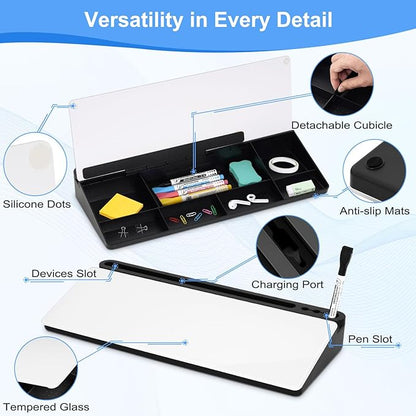 Desktop Glass Whiteboard with Storage, Desk White Board with Computer Keyboard Stand, White Dry Erase Board with Drawers for Home, School, Office Desk Organizers and Accessories