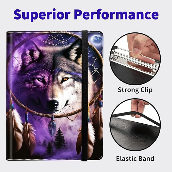 Dream Chasing Wolf Padfolio Folder with Clipboard,Portfolios Organizer Clipboards with Storage Clipboard Writing Pad PU Leather Conference Document Organizer with Business Card Holder