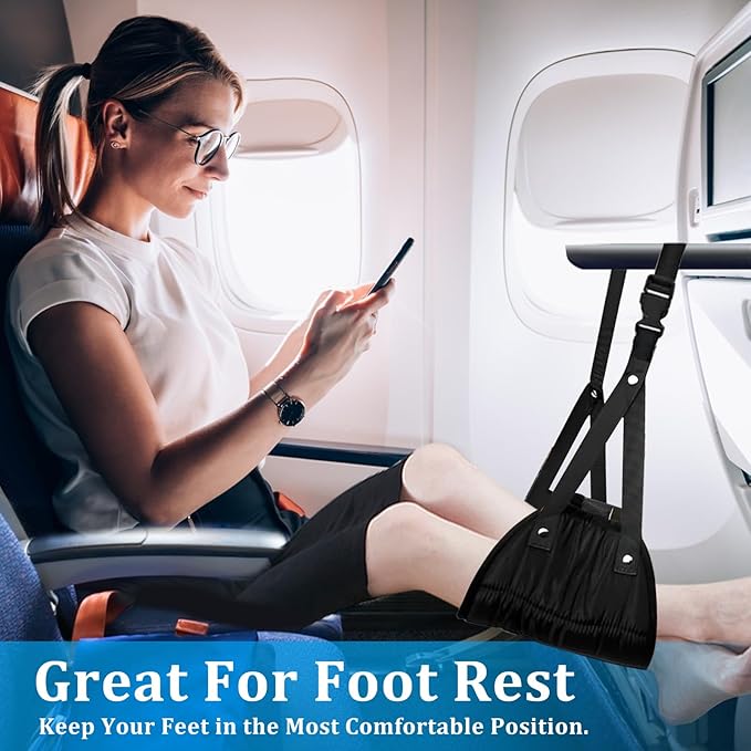 4 Pack Airplane Foot Rest, Airplane Foot Hammock with Premium Memory Foam, Adjustable Length Foot Hammock for Plane Travel, Airplane Footrest Relax Your Feet in The Train Office&Home, Black