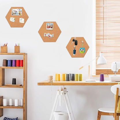 FEBSNOW 3 Pack Self-Adhesive Cork Board Tiles Hexagonal Cork Board Mini Wall Bulletin Board with 50 Multi-Color Push Pins