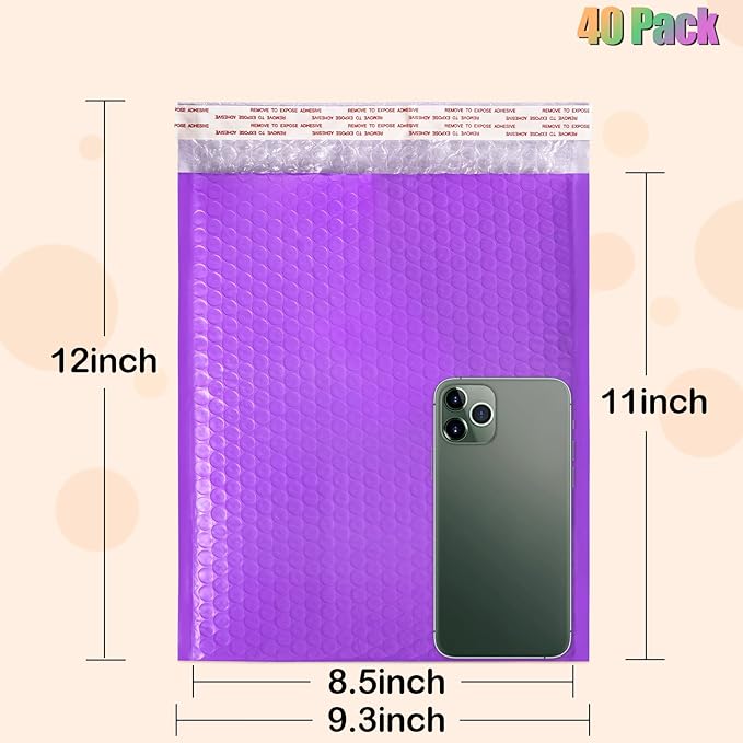 8.5x12 Inch Bubble Mailers 40 Pack, Self Seal Padded Envelopes for Small Business, Waterproof Shipping Bags, Purple