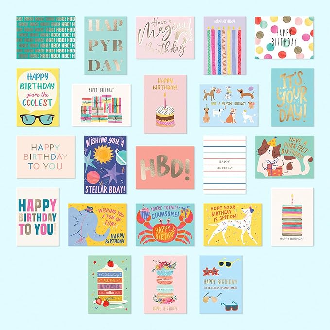 S&O Box of Happy Birthday Cards with Envelopes - 100 Unique Memorable Birthday Cards with Envelopes - Colorful Important Day Notes Bulk for Office & Home - Assorted Occasion Greetings - 4x5.5”
