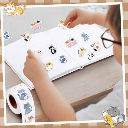 1 Roll Animal Stickers Reward Cute Space Stickers Office Supplies Incentives Sticker Animal Party Favor Decal, 500 Pcs Each Roll(Cat)