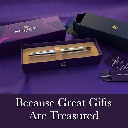 Bond & Regent Silver Chrome & 24 Karat Gold | Certified Luxury Grade Rollerball Pen | Nice Gift for Men & Women