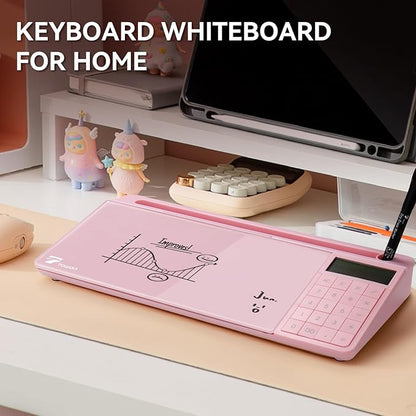 TOWON Desktop Whiteboard with Electronic Calculator and Mirror, Pink Desk Glass Whiteboard Organized, Glass Desktop Dry Erase Board with Accessories for Home Office Supply, Keyboard Dry Erase Notepad