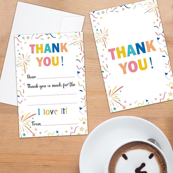 Colorful Confetti Kids Thank You Cards Fill in the Blank with Envelopes, Thank You Notes Kids Thank You Cards 20 Card Set for Boys or Girls (4 * 6 inches) -03