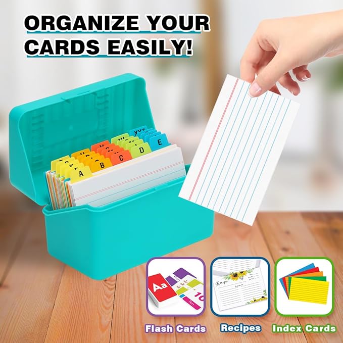 H4D 3x5 Index Card Holder with 100 Heavyweight Ruled Index Cards and 25 Plastic Dividers, Teal