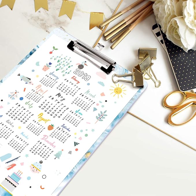 Blue Clipboard, Cute clipboard, WAVEYU Letter Size Clipboard with Low Profile Clip, Retractable Key Hole for Hanging Paperboard for Office School, Teal Marble (12.5"x9")