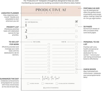 Productive AF Notepad, Daily Planner, Simple Pink Notepad, Organizer, To - Do Lists, Size A5, Undated Planner (50 Sheets),