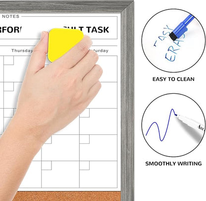 Monthly Whiteboard Calendar & Corkboard for Wall, Magnetic 17"x13" Dry Erase Board with Gray Wood Framed, 2in1 White Board Cork Board Combo, Calendar Bulletin Board for Kitchen Planner Memo Office