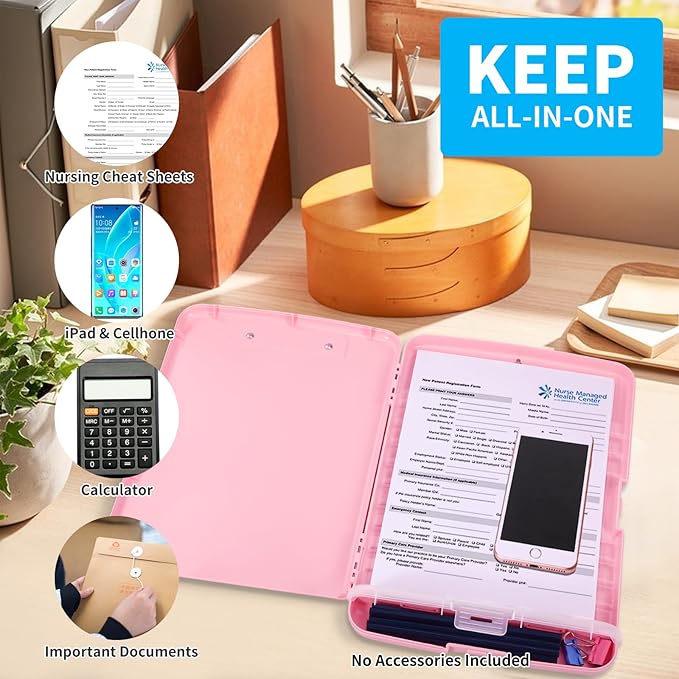 Clipboard with Storage, Clip Boards 8.5x11 with Storage, Large Capacity Nursing Clipboards with Pen Holder, Heavy Duty Plastic Storage Clipboard Folder with Low Profile Clip, Side-Opening