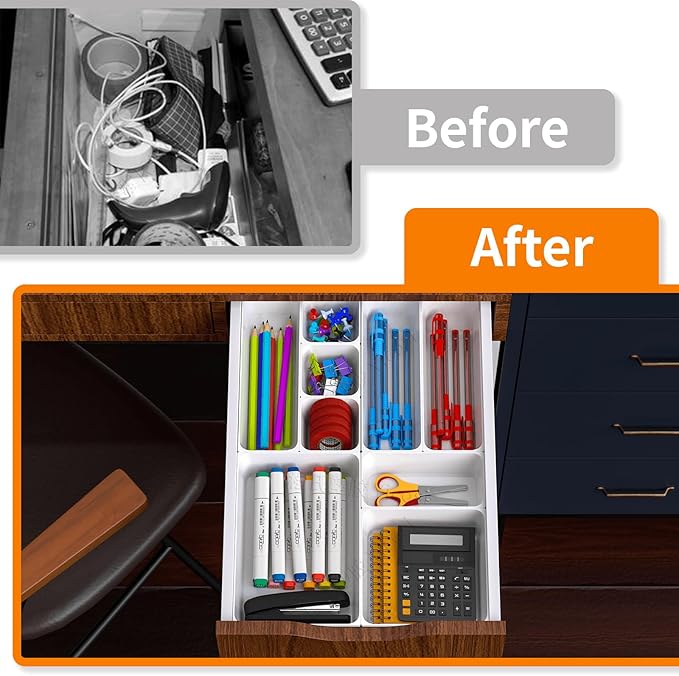 25 pc Plastic Drawer Organizer Set,4 Size Small Storage Containers for Organizing Jewelry,Utensil,Junk,Tea,Makeup,Shallow Drawer Organizers Tray Suitable for Office,Desk,Bathroom,Vanity,Kitchen,White