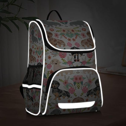 Dachshunds Dog Backpack with Reflective Strip for Kids Boys Girls Elementary School Bag Removable Chest Strap