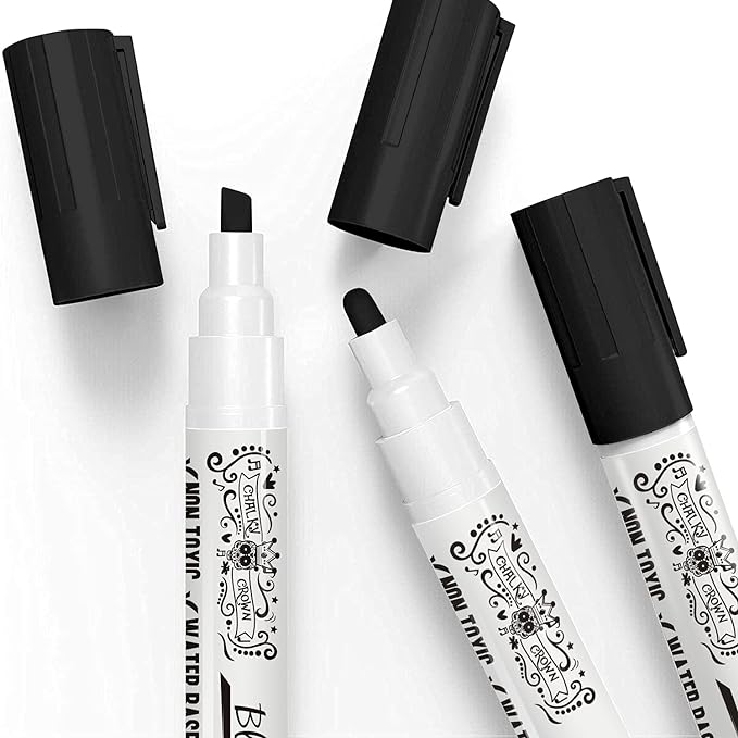 CHALKY CROWN Liquid Chalk Marker Pen - Dry Erase Marker - Chalk Markers for Chalkboard Signs, Windows, Blackboard, Glass - 6mm Reversible Tip (Black, 5 Pack)