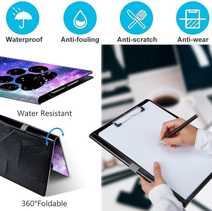 PU Leather Padfolio Clipboard Notepad with Pen Loop and Elastic Strap Interview/Resume Document Organizer for Business School Office,Animals Dog Paws Galaxy