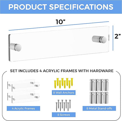 Set of 4 - Sturdy & Elegant Acrylic 2 Piece Wall Mount Name Plate Holder, Office Business Door Sign Holder with All Hardware Included, Card Inserts NOT Included, Inner Size, 8” x 2”