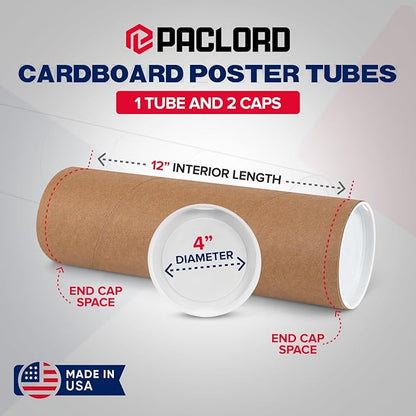 4" x 12" Reinforced Kraft Paper Mailing Tube, Pack of 1 Tube with 2 Caps – Secure USPS Approved Poster Tube – Cardboard Tube for Shipping and Storing Posters, Prints, Artwork, or Documents
