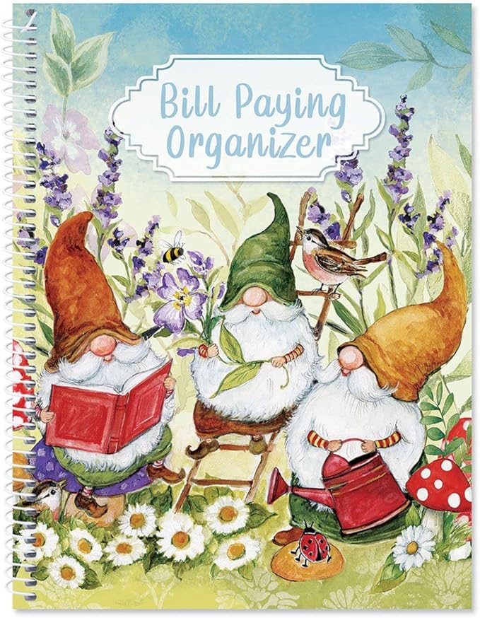 Sweet Gnome Bill Paying Organizer Book - Personal Account book, 9" by 12 inch, Spiral-Bound, 14 Pockets, 32 Label Stickers, Bill Tracking