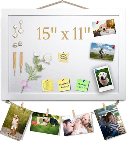 White Bulletin Board Cork Boards Vision Board with Felt, 15"x11" Small Display Pin Board for Walls, Desk, Jewelry, Notes, Collection, Photos, Office, White Framed and White Felt Board, 1pc