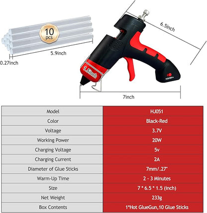Cordless Hot Glue Gun, Fast Preheating Hot Melt Glue Gun, Mini Glue Gun Kit with 10 Premium Glue Sticks, Rechargeable Wireless Glue Gun for Art, Crafts, Home Repaire (Red)