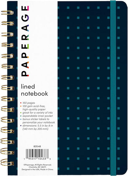 PAPERAGE Lined Spiral Journal Notebook, (Navy/Turquoise Dot), 160 Pages, Medium 5.5 inches x 8 inches - 100 GSM Thick Paper, Hardcover, Double-Wire Spiral Journal & Notebook