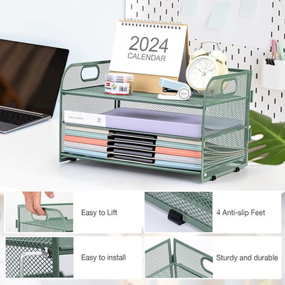 3-Tier Letter Tray Paper Organizer with Handle,Compact Mesh Desk File Organizer for Home Office Supplies Desktop Accessories,Green