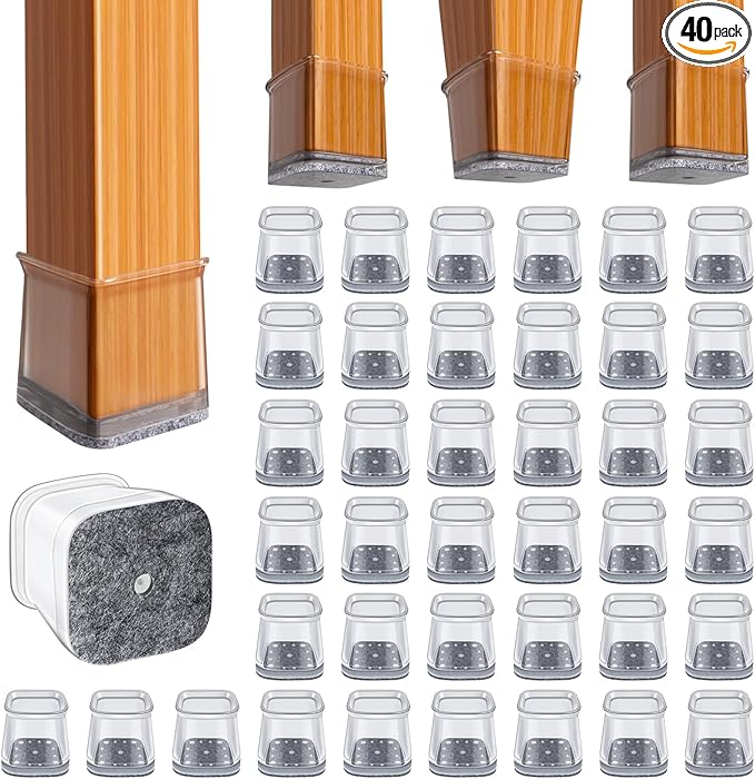 BUMACO Chair Leg Floor Protectors Square Chair Leg Protectors for Hardwood Floors Silicone Pads Covers to Protect Floors(Clear-40 Pcs, Square L (1-1/16" ~ 1-5/8")
