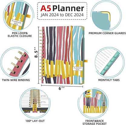 2024 Planner A5 Jan. 2024 - Dec. 2024 Calendar Monthly Planners with Monthly with Tabs Stickers Julian Dates for Teacher School Office - Colored Stripes EYROZILL