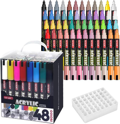 SFAIH Acrylic Creative Markers Set of 48 with Organizer, 3mm Medium Tips - 48 Colors, Waterproof, Fast Drying, Gift for Kids and Adults - Art Supplies, Fabric Paint, Rock Painting, Art Markers