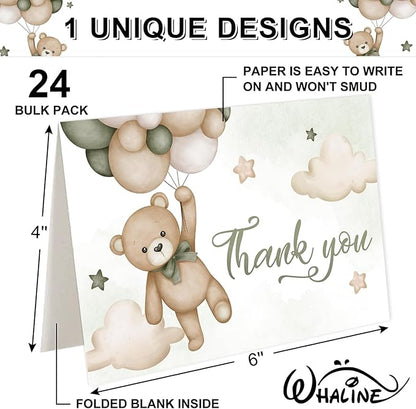 Whaline 24 Pack Bear Thank You Cards Green Bear Balloon Greeting Cards with Envelopes Stickers Cute Cartoon Blank Note Cards for Party Invitation Supplies, 4 x 6 Inch