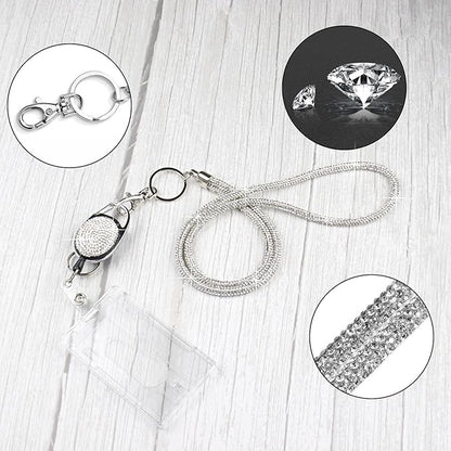 VIQWYIC Retractable ID Badge Holder with Bling Neck Strap Lanyard, Bling Badge Reel with Clear Card Holder for Office Worker Teacher Doctor (Silver)