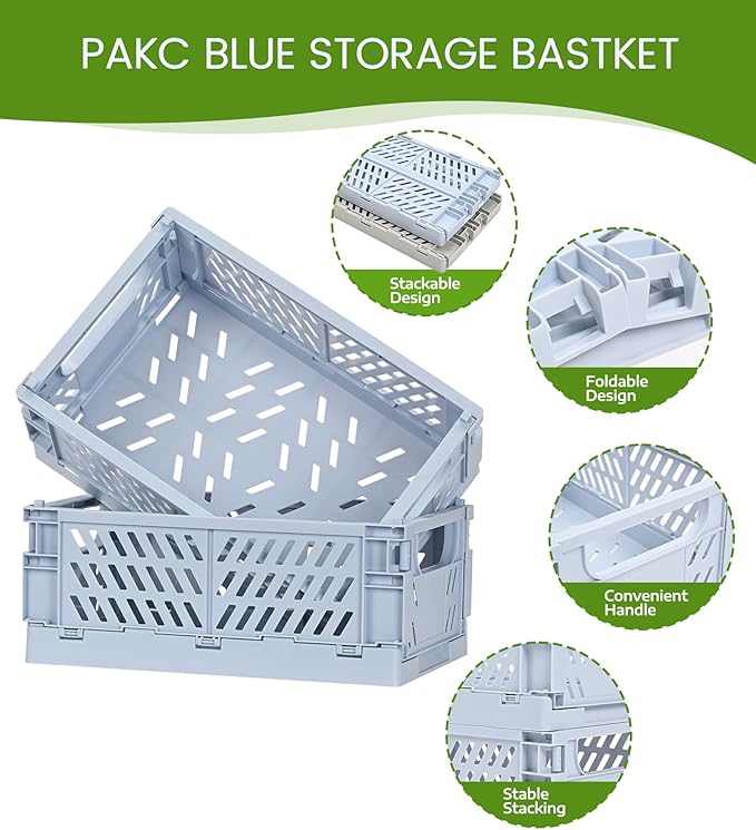4-Pack Small Pastel Plastic Storage Baskets, Collapsible Crates for Organizing, Space-Saving Mini Bins for Classroom, Kitchen, Office, Bedroom (Blue, 9.8" x 6.5" x 3.8")