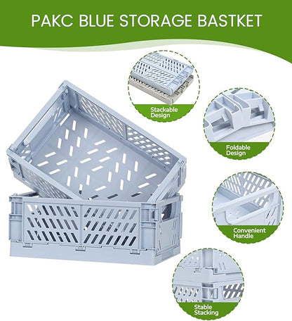 4-Pack Small Pastel Plastic Storage Baskets, Collapsible Crates for Organizing, Space-Saving Mini Bins for Classroom, Kitchen, Office, Bedroom (Blue, 9.8" x 6.5" x 3.8")