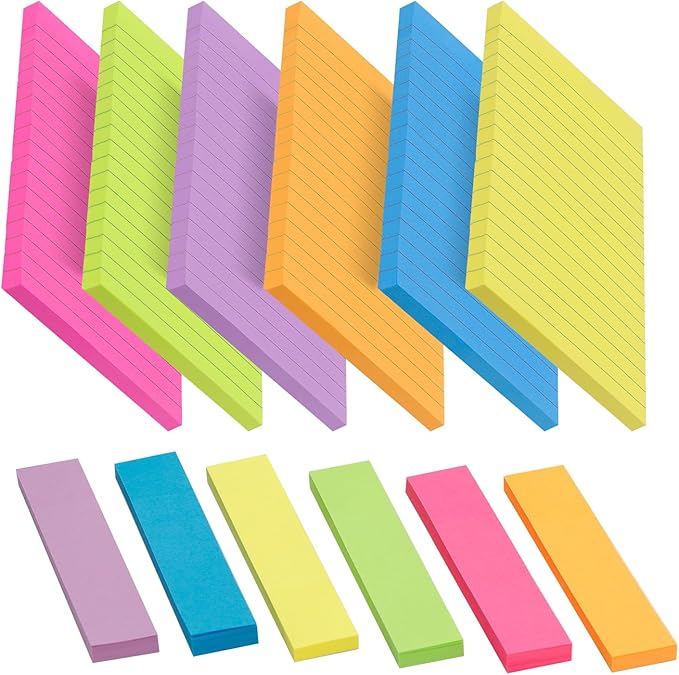 Upgraded 6 Color Lined Sticky Notes & Index Tabs Set, Bright Color Strong Adhesive 4x6 Inch Sticky Note Pads with Lines and Index Strips for Office Study Book (45 Sheets/Pad, 12 Pads)