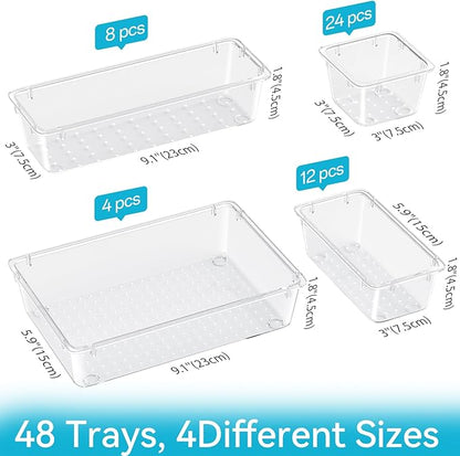 48 PCS Drawer Organizer Set, 4 Sizes Clear Plastic Makeup Vanity Organizer for Makeup, Stationery, Multiple Gadgets, Kitchen, Bathroom, Office, Bedroom