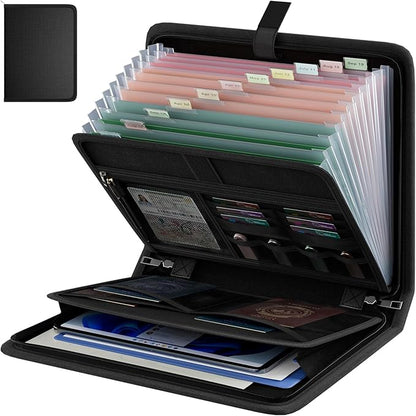 Fireproof Accordion File Organizer, Portable Expanding File Folder with Waterproof Zipper&Labels, Jet Black Document Organizer with 13 Pockets, File Organizer for Important Document/Paper Storage