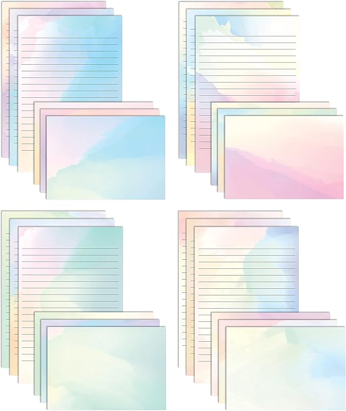 Better Office Products Mini Stationery Set, 100 Piece Set (50 Lined Watercolor Sheets + 50 Matching Envelopes), 5.5 x 8.25 inch, 12 Unique Designs, Double Sided Printing, One Side Lined Paper,