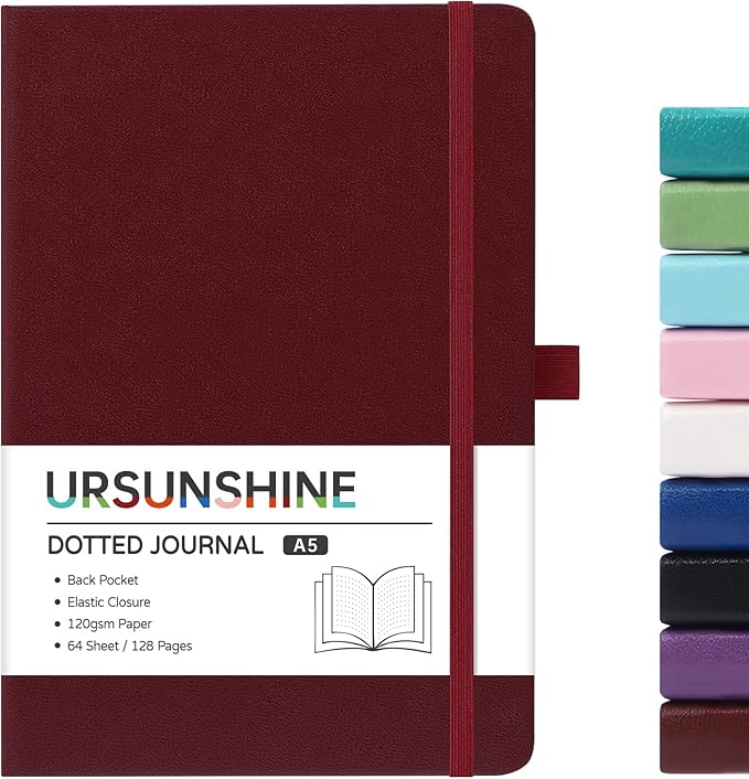 Dotted Journal/Notebook - Dot Grid Hard Cover Notebook, Premium Thick Paper with Fine Inner Pocket, Black Smooth Faux Leather, Pen Loop, 5.3'' x 8.26'' - Burgundy