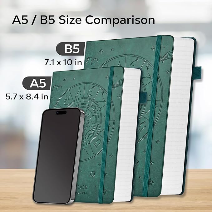 Hardcover Notebook Journal, B5 Lined Daily Journal College Ruled Notebook for Women Men, 320 Pages Large Writing Journal Notebook for School Work, Dark Green Leather Notebook, 7.1'' X 10''