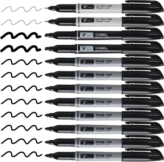 Permanent Markers 12 Black - Waterproof Quick Drying Pens Set 8 Fine Tip, 2 Ultra Fine, 2 Chisel Tip Office Home School Supplies for Adults Writing Doodling Marking