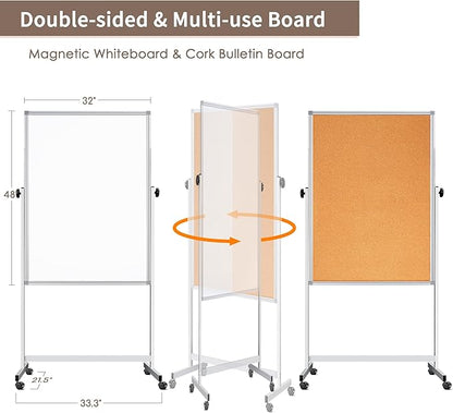 Double Sided Cork Board White Board, 32 x 48 inches Large Cork Board for Office, Height Adjustable Magnetic Dry Erase Board on Wheels, Portable Freestanding Natural Corkboard for Displaying, Planning