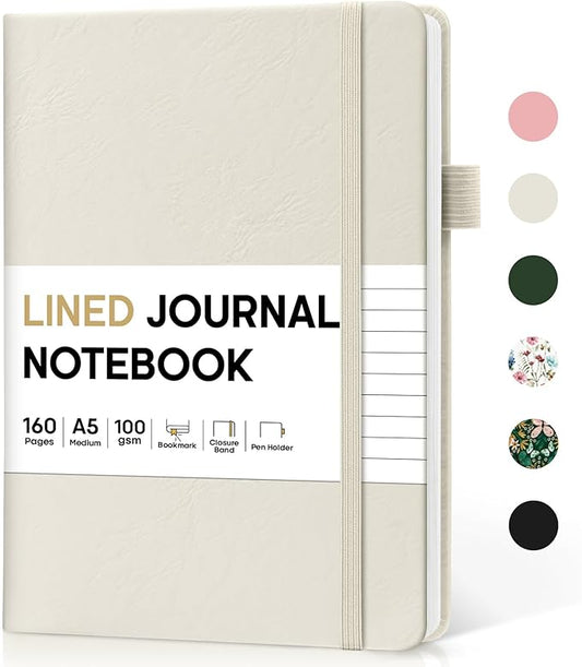 Lined Journal Notebook for Women & Men, Hardcover Leather Journal for writing, A5 College Ruled Notebook for Work & Note Taking, Perfect for Office School Home Supplies, 160 Pages, Beige Grey