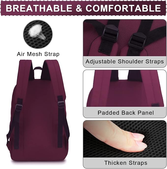 RAVUO Casual Backpack for Women, Water Resistant Classic Basic 15.6 inch Laptop Backpack Rucksack Travel Daypack Bookbag Burgundy