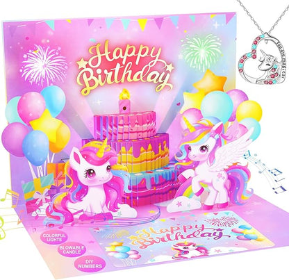 Pop Up Birthday Card with Light & Music, Unicorn 3D Birthday Card, Fireworks Greeting Card for Women Kids Girls Daughter, 3D Cake Greeting Crad with Necklace