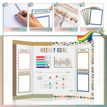 90 Pcs Science Fair Board Supplies 60 Trim Scalloped Bulletin Board Borders 24 Presentation Board Subtitles 6 Science Fair Titles for Classroom Display Boards(Boho)